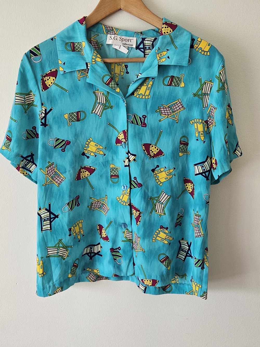 Vintage S.G. Sport Teal Short Sleeve Button-Up Blouse with Beach Print